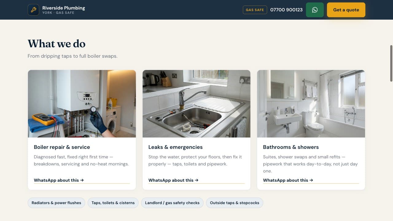 Riverside Plumbing one-page sample, boiler, leaks and bathroom service cards