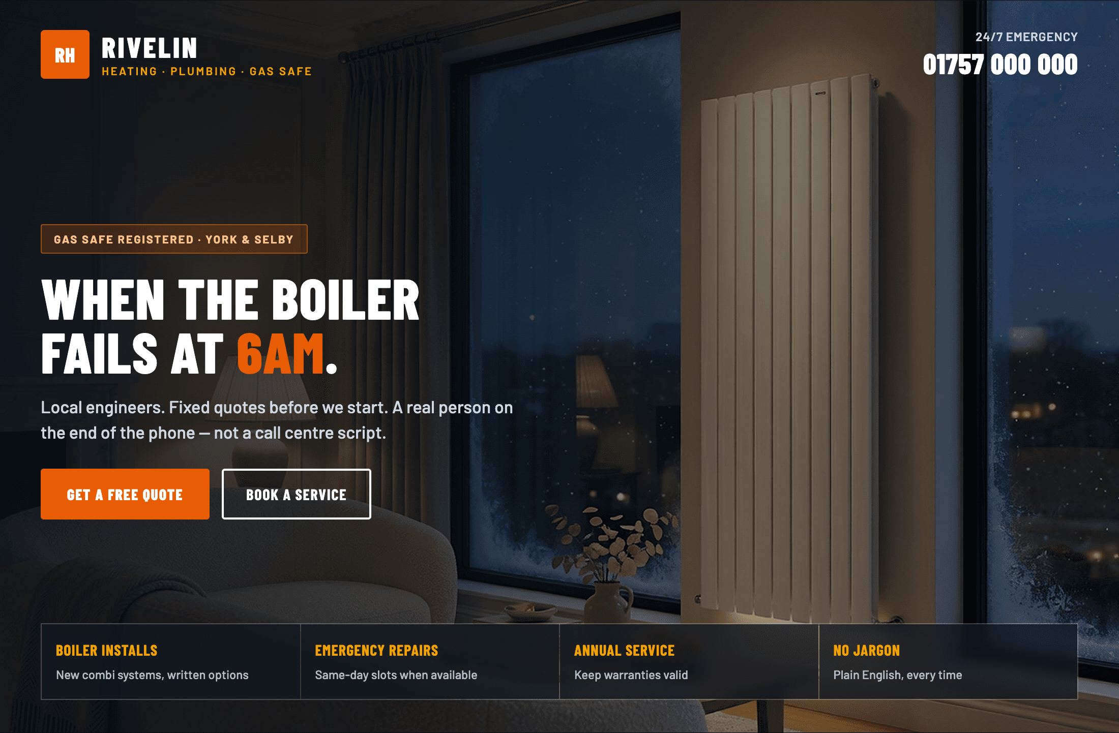Rivelin Heating sample website, emergency call and boiler services