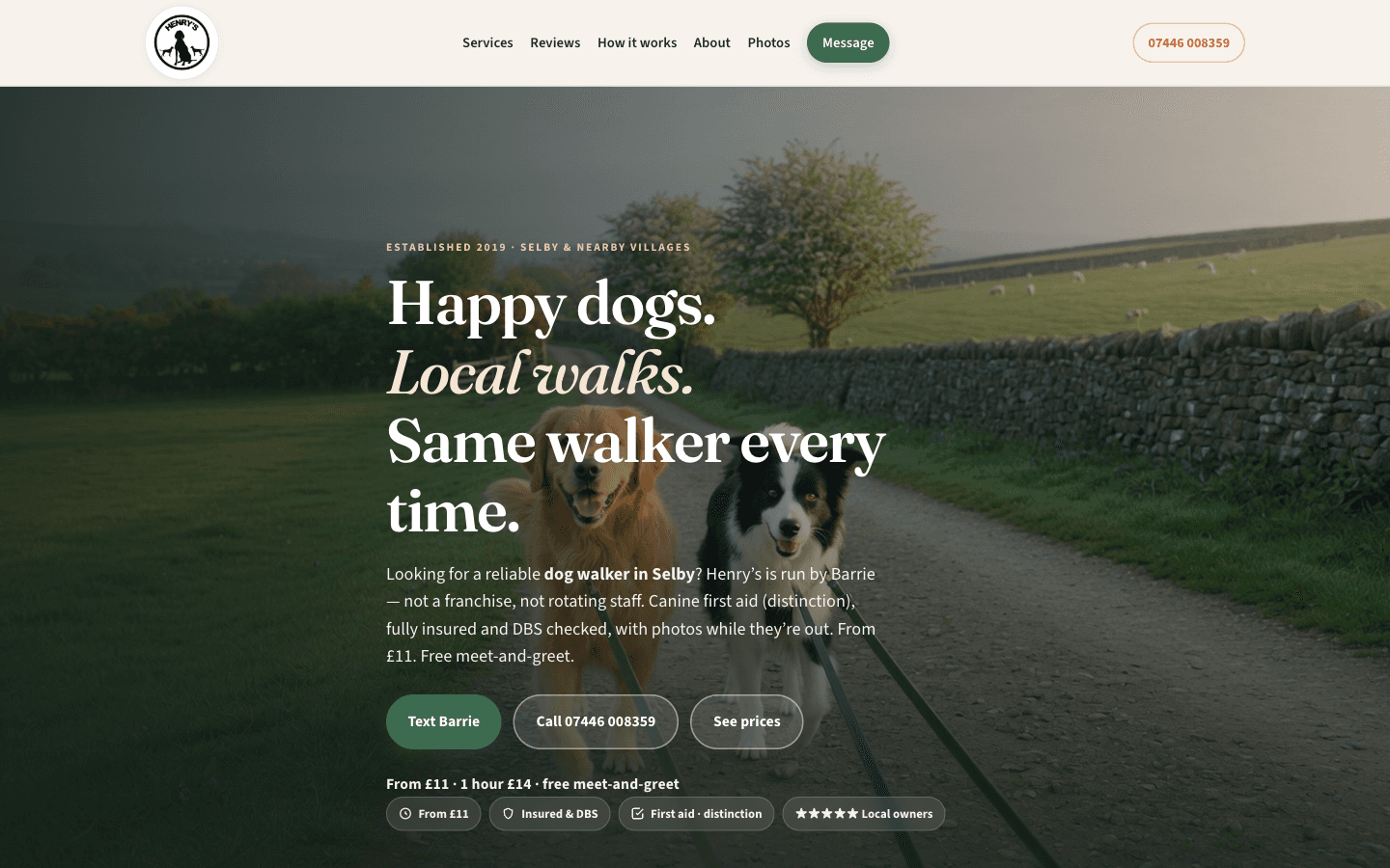 Henry’s Dog Walking live website homepage